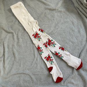 EUC Old Navy White Tights with Red Floral Motif Sz 4T/5T